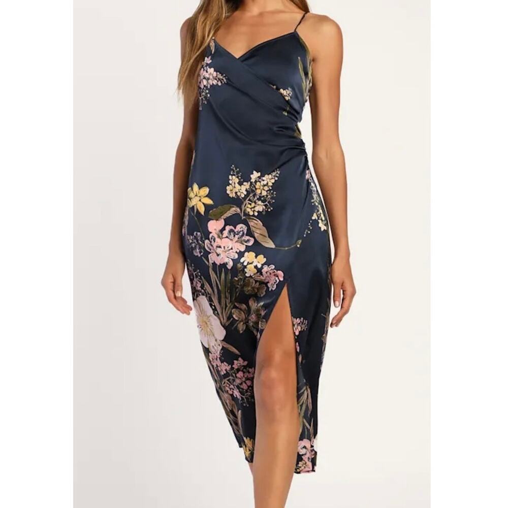 Lulu's Navy Floral Satin Slip Dress with Pink & Yellow Blooms